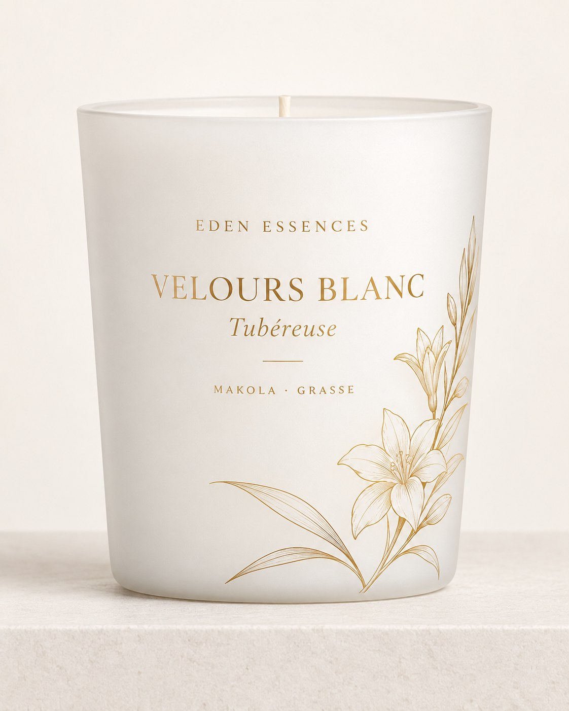 Bougie Eden Essences Velours Blanc, tubéreuse, verre blanc mat