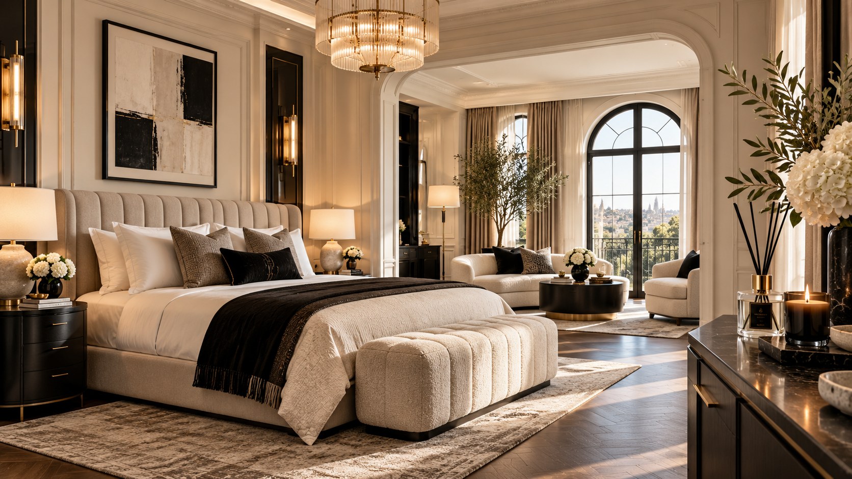Suite d'hôtel en lumière dorée : lit, salon et diffuseur à bâtonnets