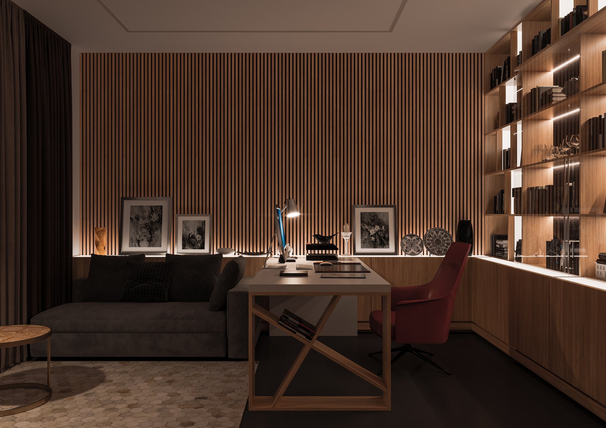 Bureau avec bibliothèque, lumière chaude