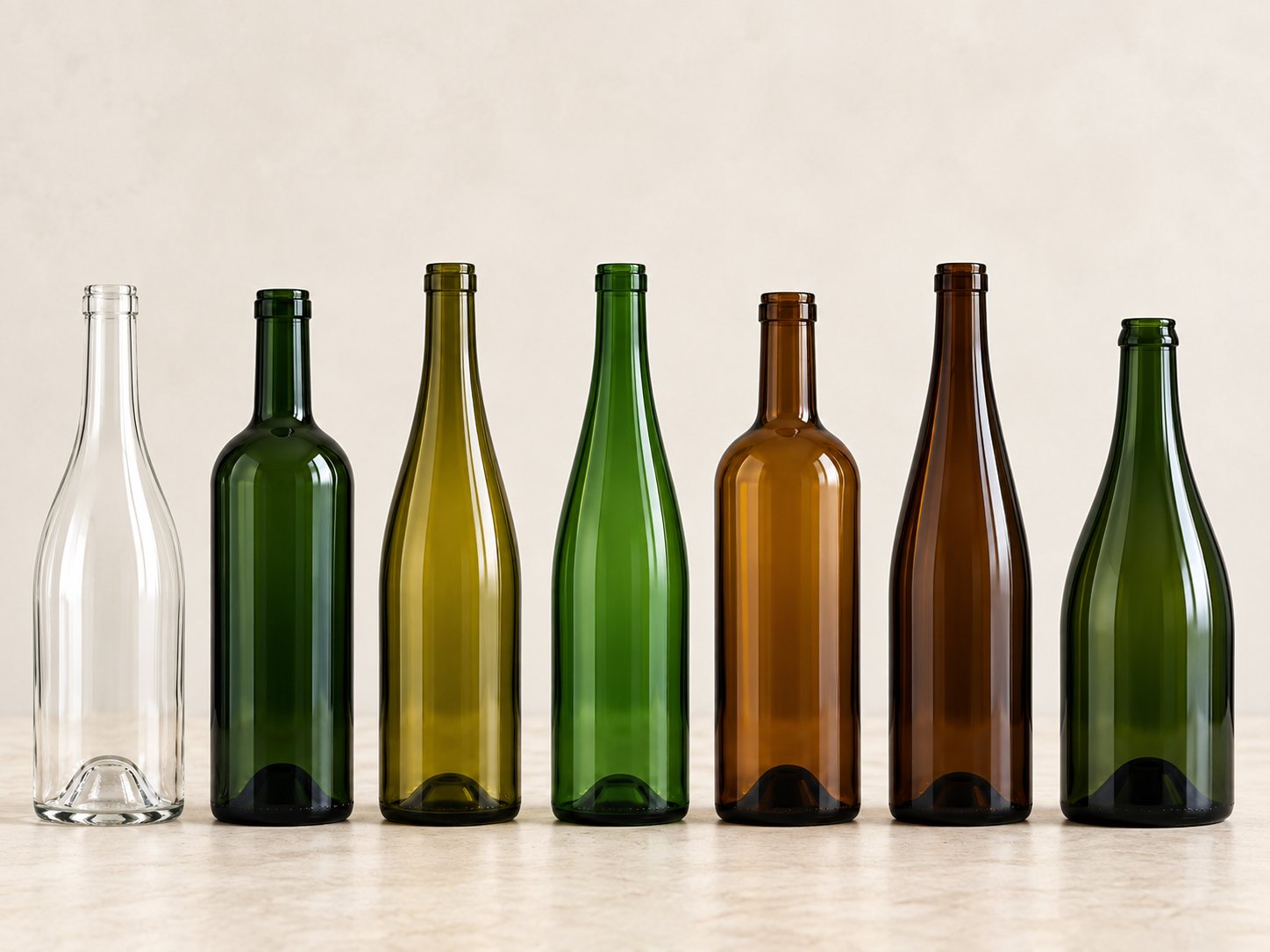 Sept bouteilles en verre vides, transparentes, vertes, olive et ambrées