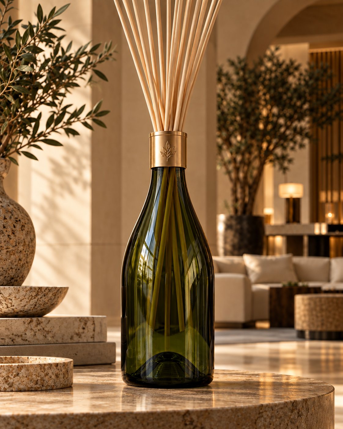 Rendu : diffuseur Eden Essences réalisé dans une bouteille de champagne, tiges en bois, dans un salon minéral