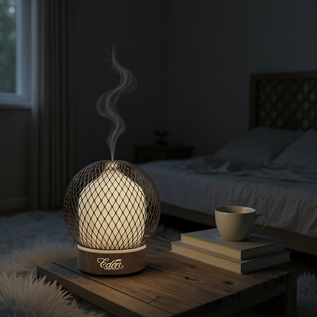 Diffuseur à ultrasons Eden Essences allumé dans une chambre cocooning