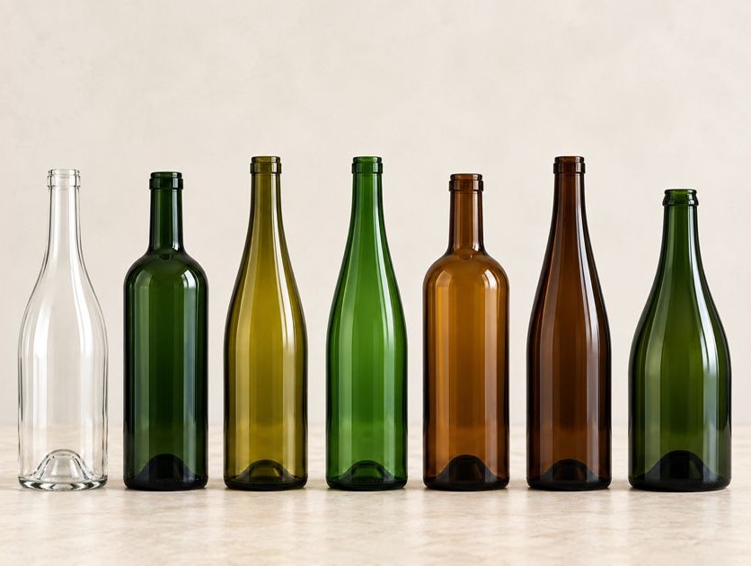 Sept bouteilles en verre vides et sans étiquette, transparentes, vertes, olive et ambrées, alignées sur un fond clair